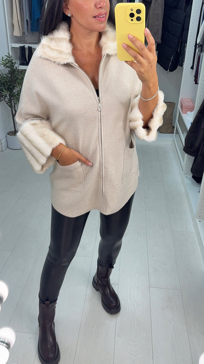 Orlanna Plain Faux Fur Detail Zip Front Cardigan