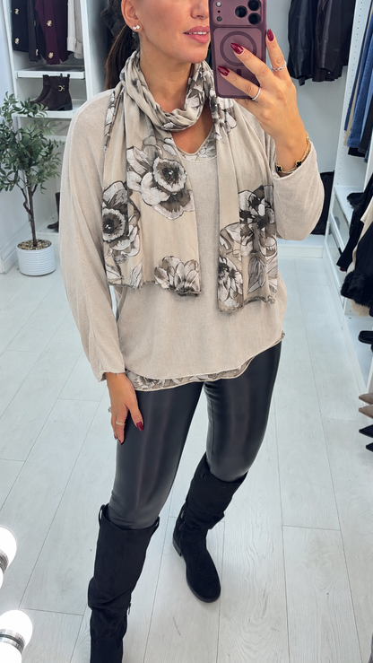 Corina 3-In-1 Floral Detailed Scarf Layered Top