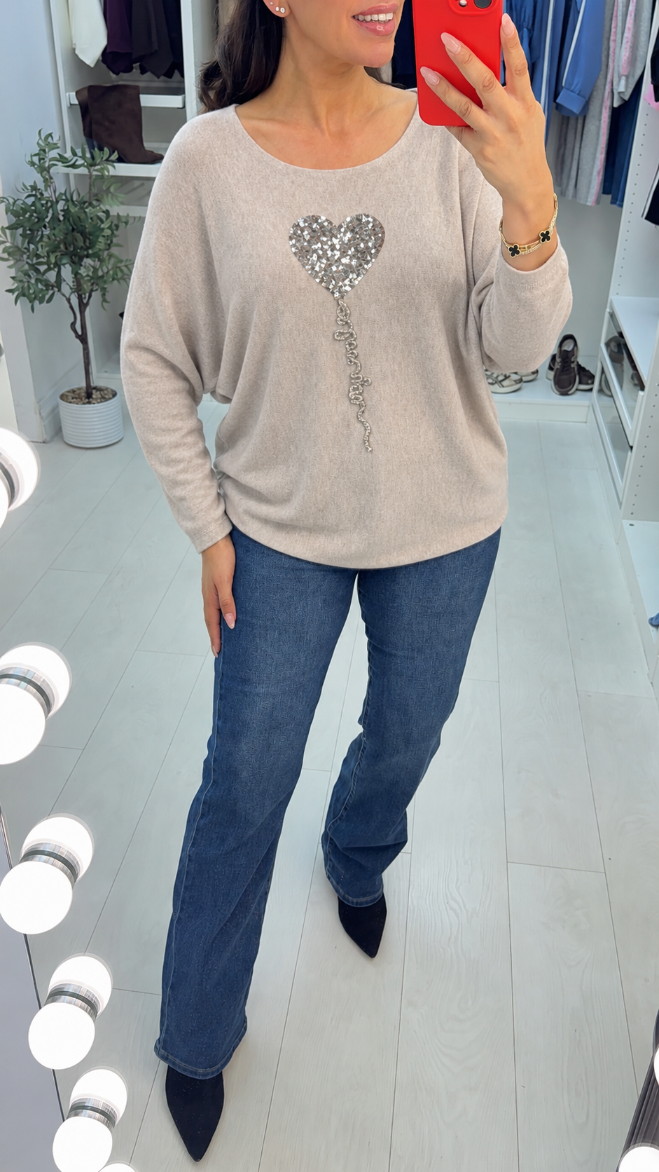 Betsy Sequin Heart Detail Loose Fit Thin Knit Jumper