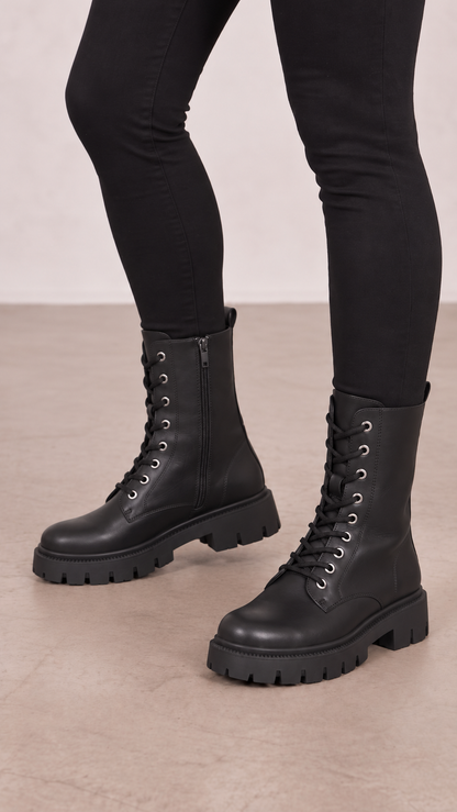 Cristian Faux Leather Lace Up Biker Boots