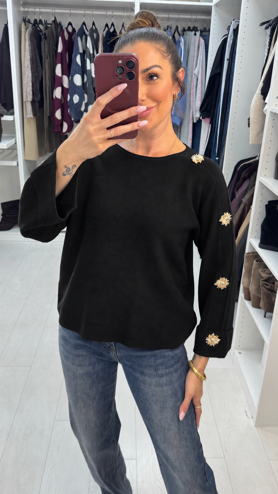 Olena Plain Embellished Sleeve Jumper