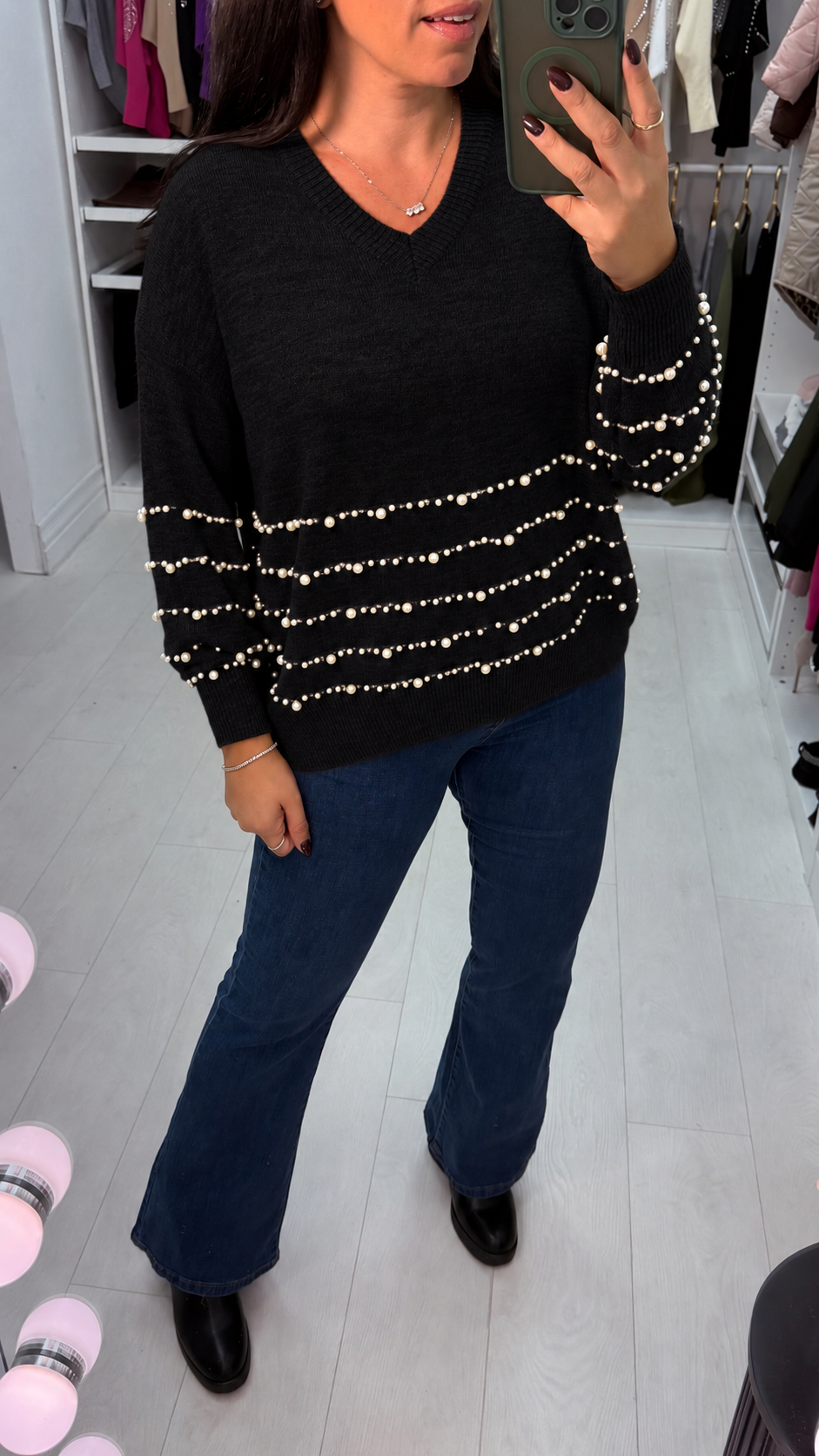 Paisley Plain Pearl Detail V Neck Jumper