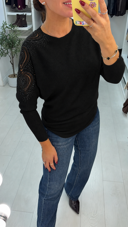 Elvira Plain Embellished Heart Sleeve Jumper