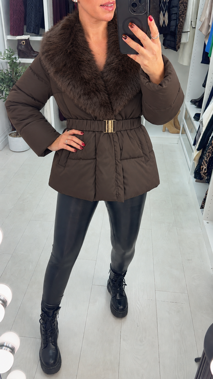 Daisie Faux Fur Detailed Belted Puffer Coat