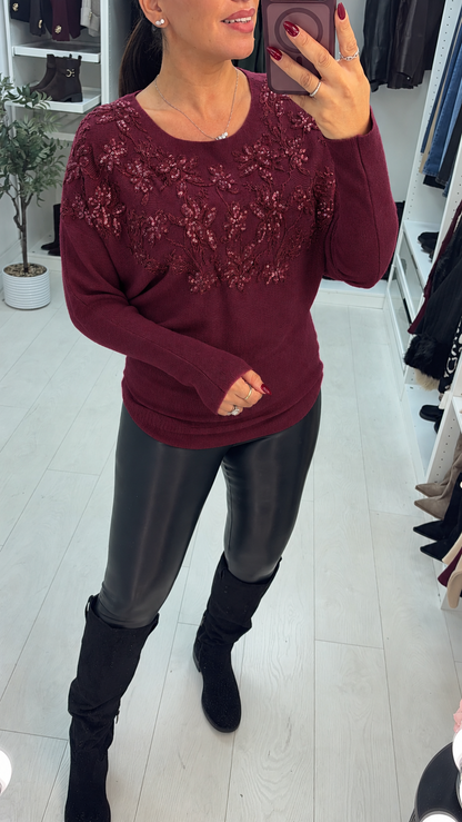 Fabel Floral Embellished Loose Fit Ribbed Jumper