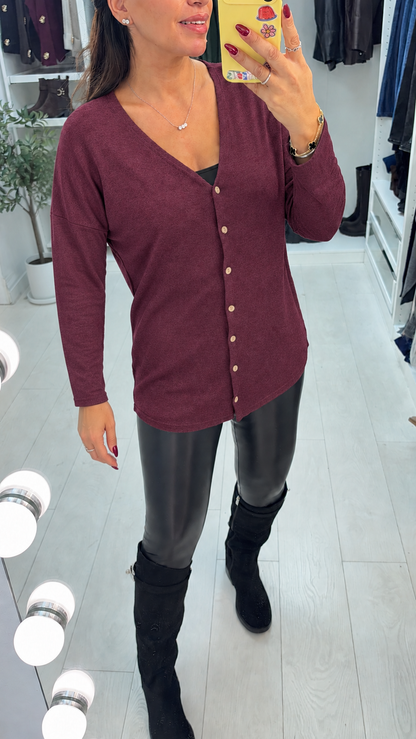 Candise Plain Button Front V Neck Thin Knit Jumper