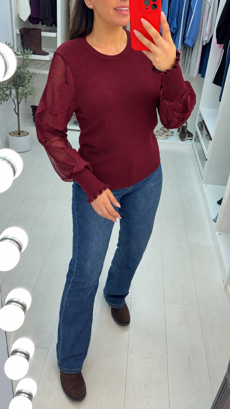 Ginette Plain Floral Mesh Sleeve Detailed Jumper