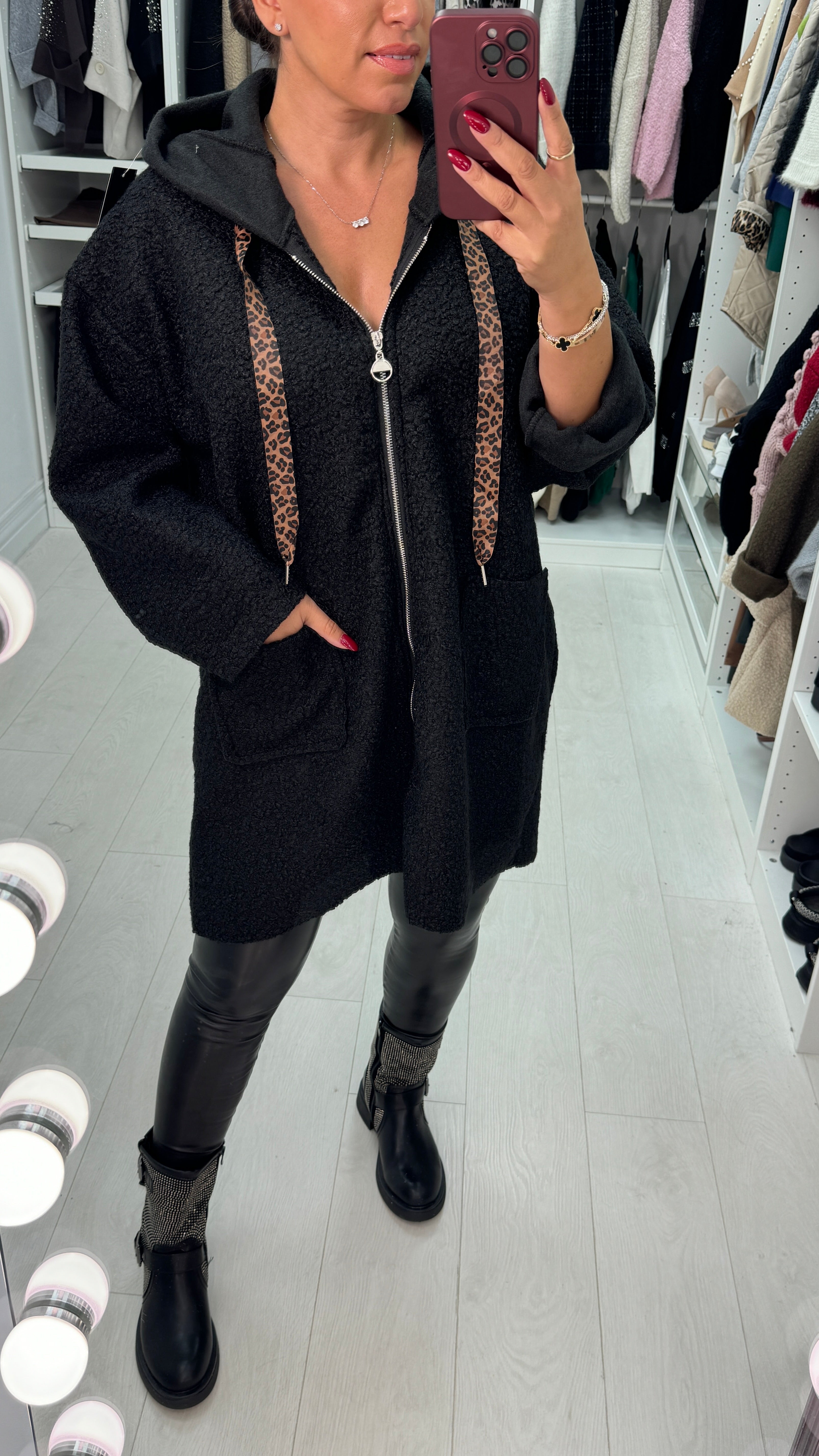 Lindsey Boucle Hooded Leopard Detail Jacket