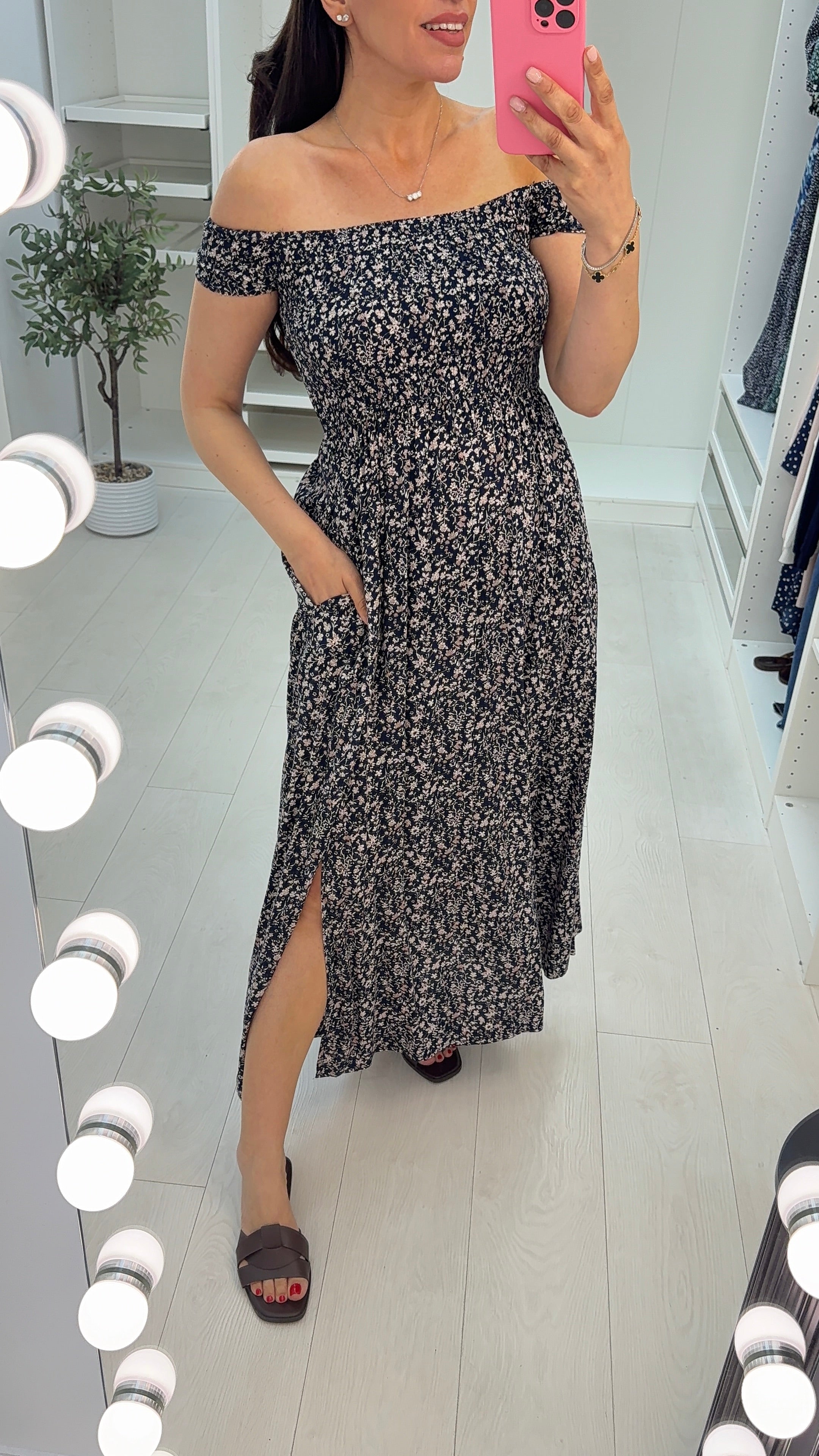 Leonn Navy Floral Bardot Split Maxi Dress