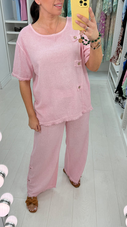 Christine Plain Button Detail Distressed Hem Co-Ord Set