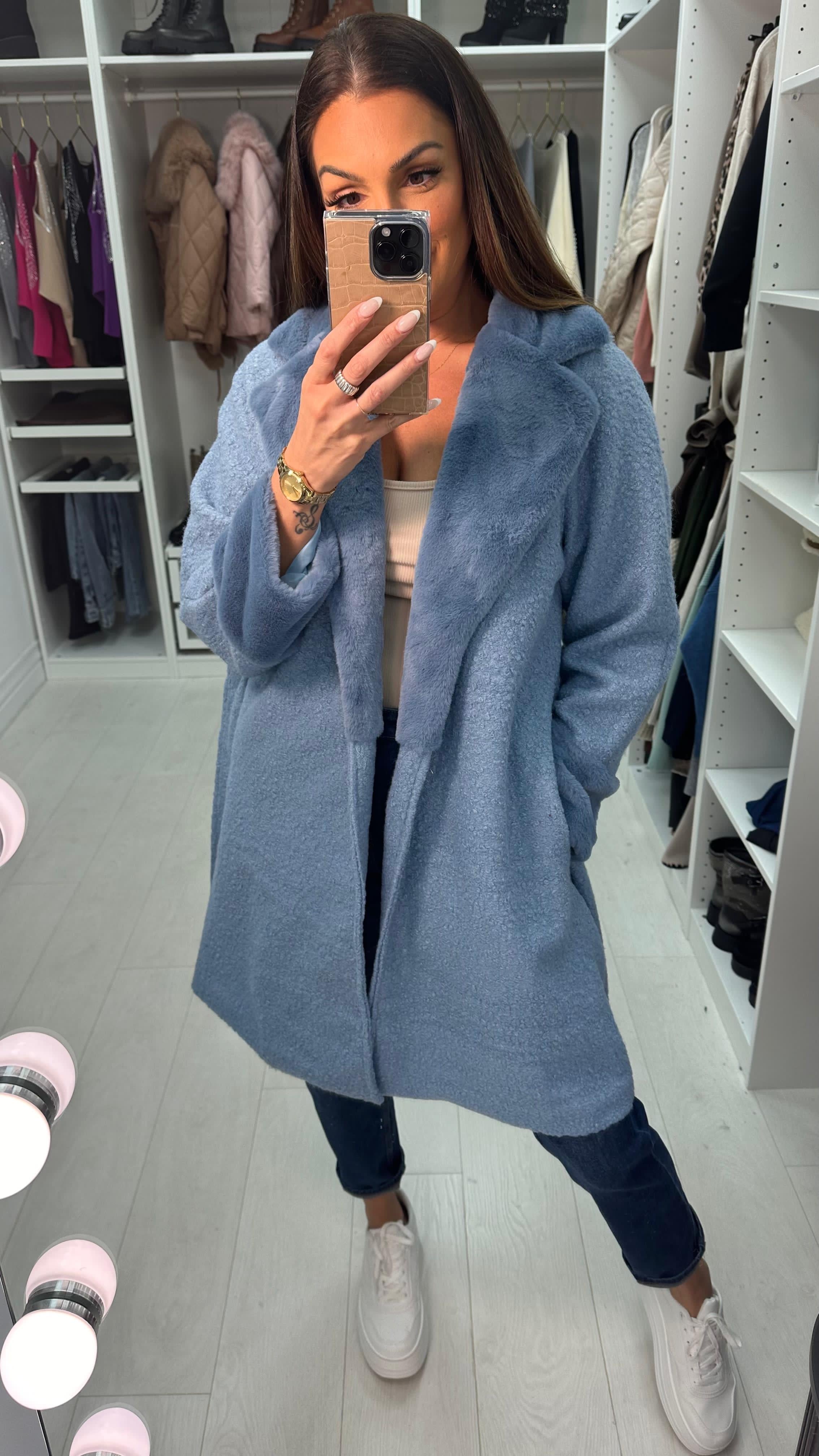 Pamy Boucle Faux Fur Detail Belted Coat