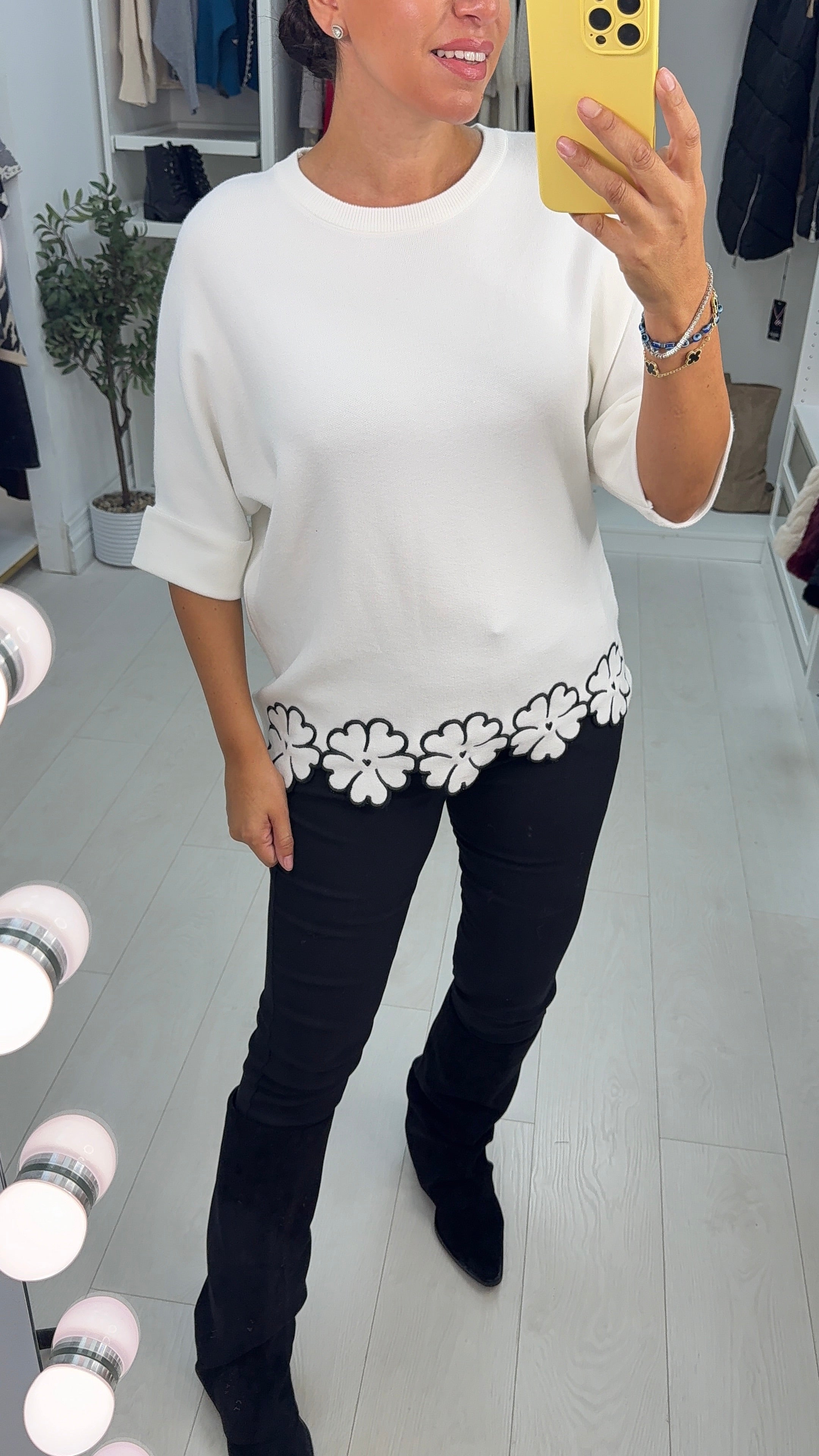 Donatella Plain Floral Trim 3/4 Sleeve Jumper