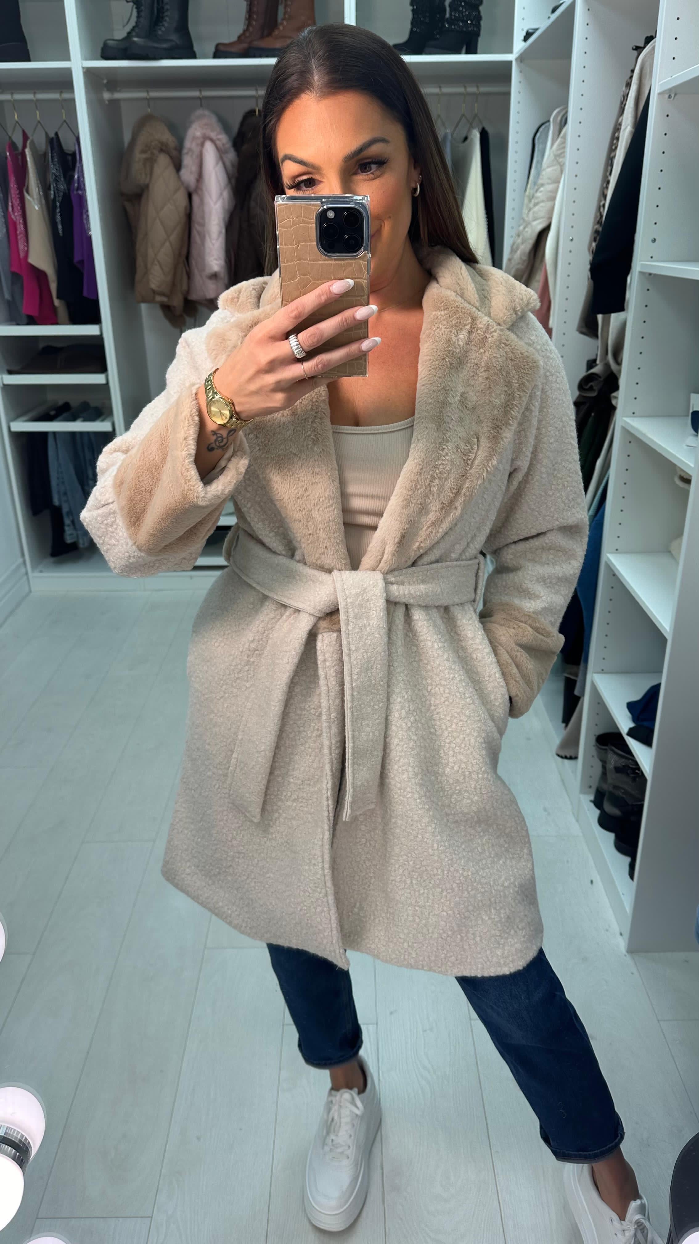 Pamy Boucle Faux Fur Detail Belted Coat