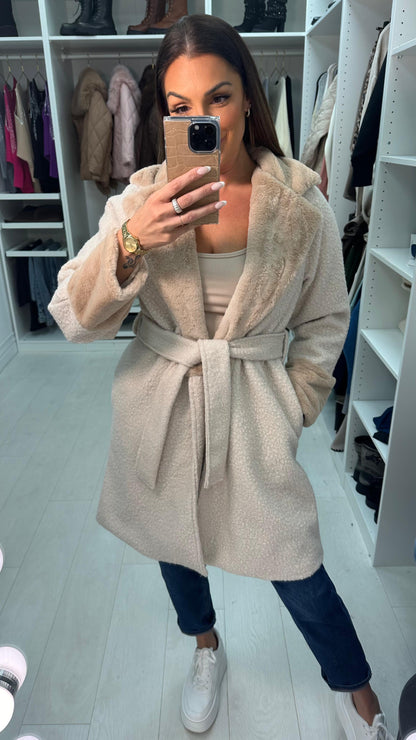 Pamy Boucle Faux Fur Detail Belted Coat