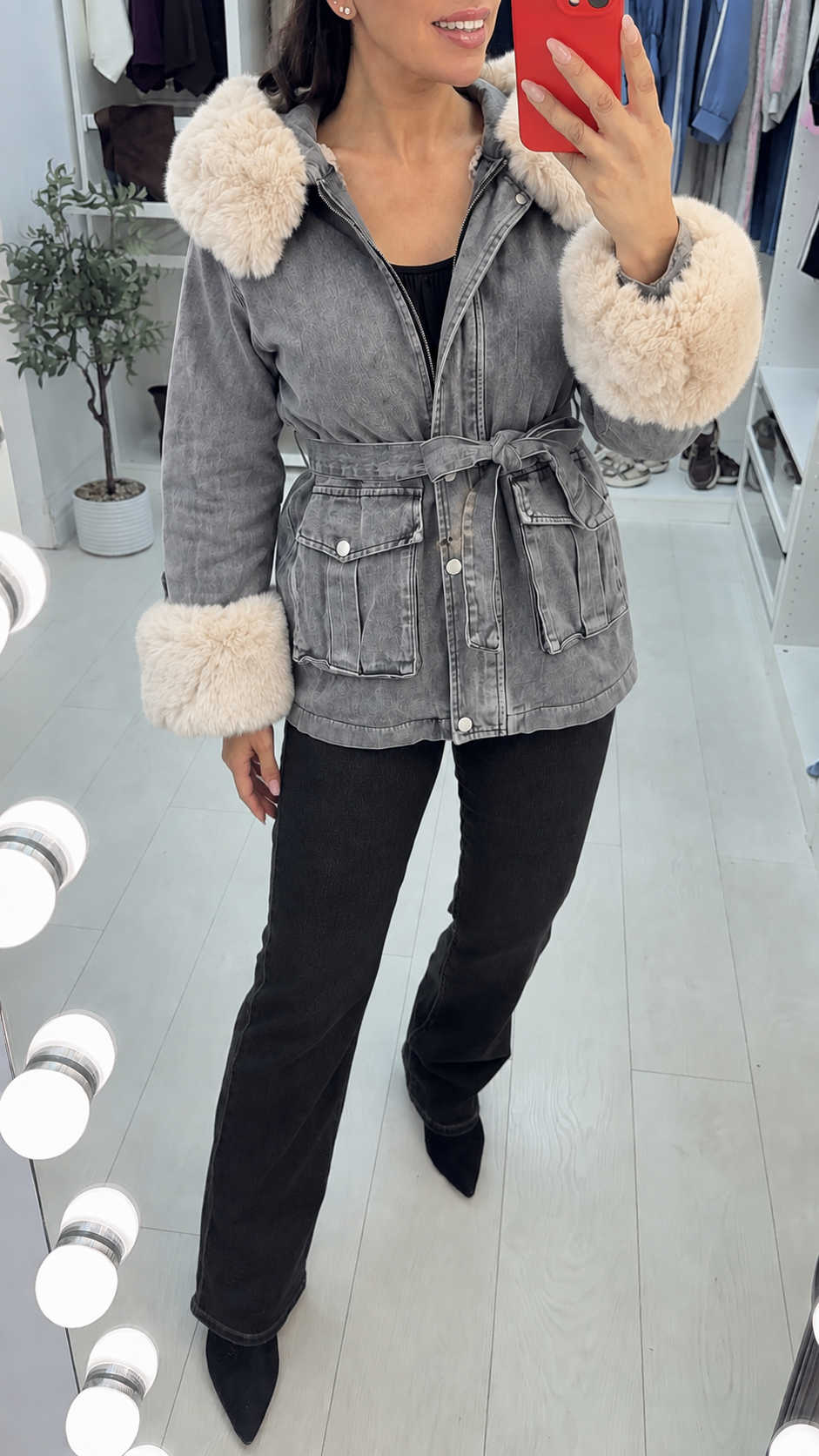 Bronson Dark Grey Denim Faux Fur Hooded Jacket