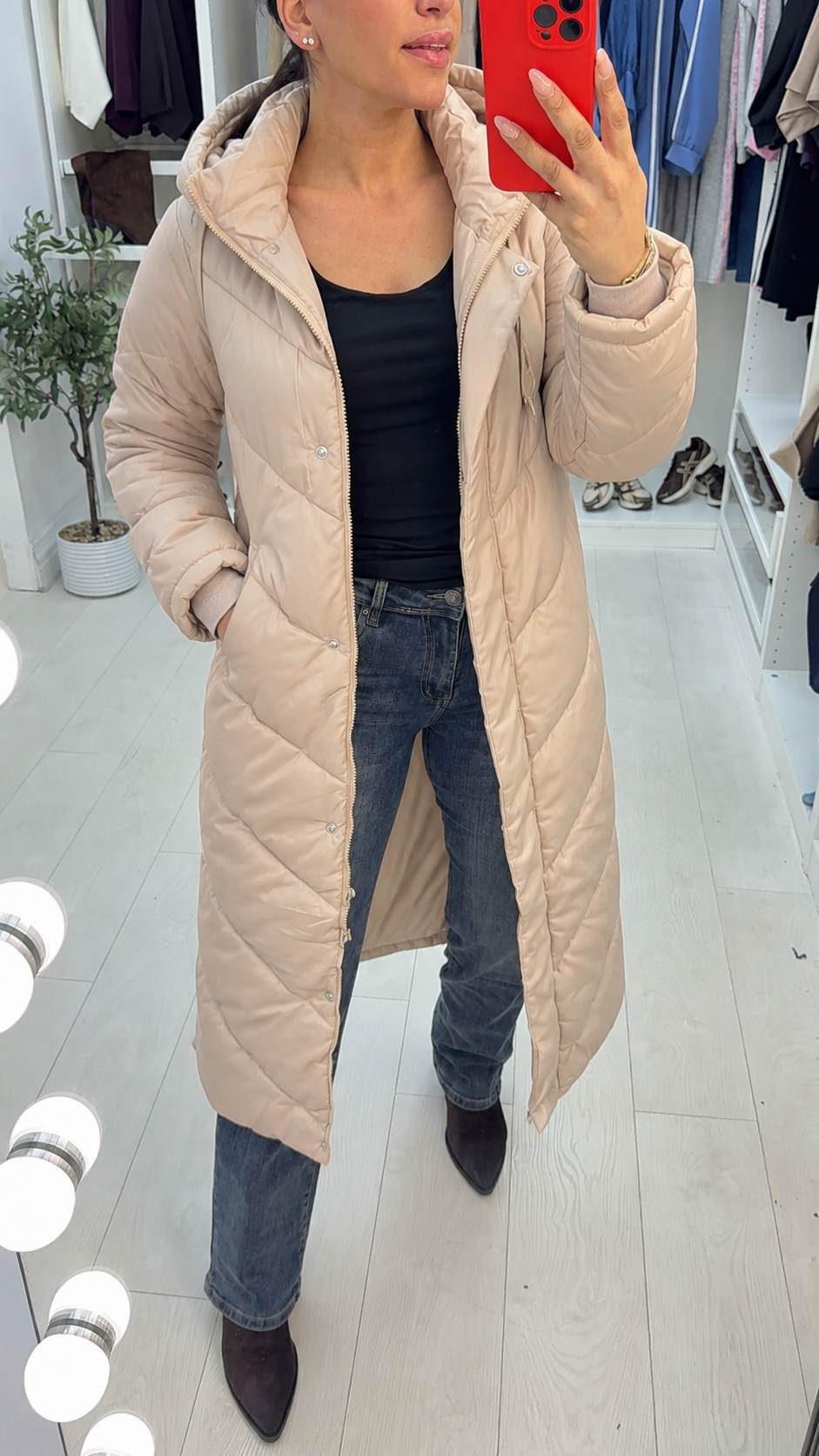 Naples Beige Chevron Stitch Popper Side Puffer Coat