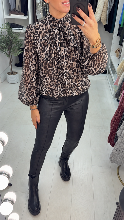 Iselda Embellished Leopard Print High Neck Blouse