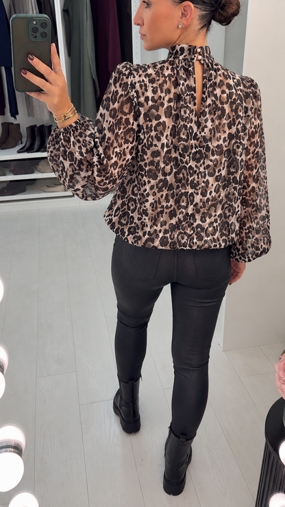 Iselda Embellished Leopard Print High Neck Blouse