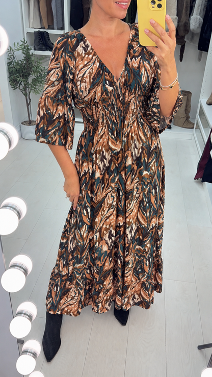 Fleurelle Abstract Print Shirred Waist Magic Dress