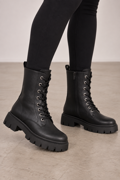 Cristian Faux Leather Lace Up Biker Boots