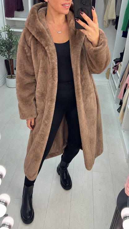 Cassy Faux Fur Hooded Longline Coat