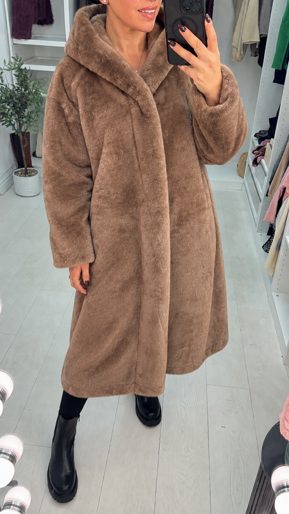 Cassy Faux Fur Hooded Longline Coat