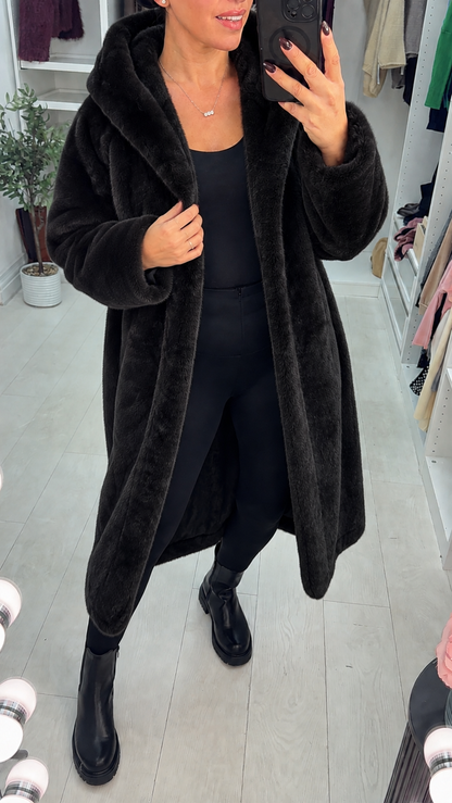 Cassy Faux Fur Hooded Longline Coat