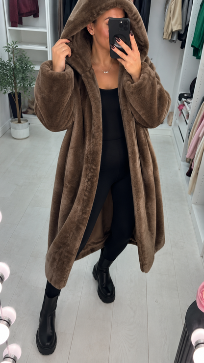 Cassy Faux Fur Hooded Longline Coat