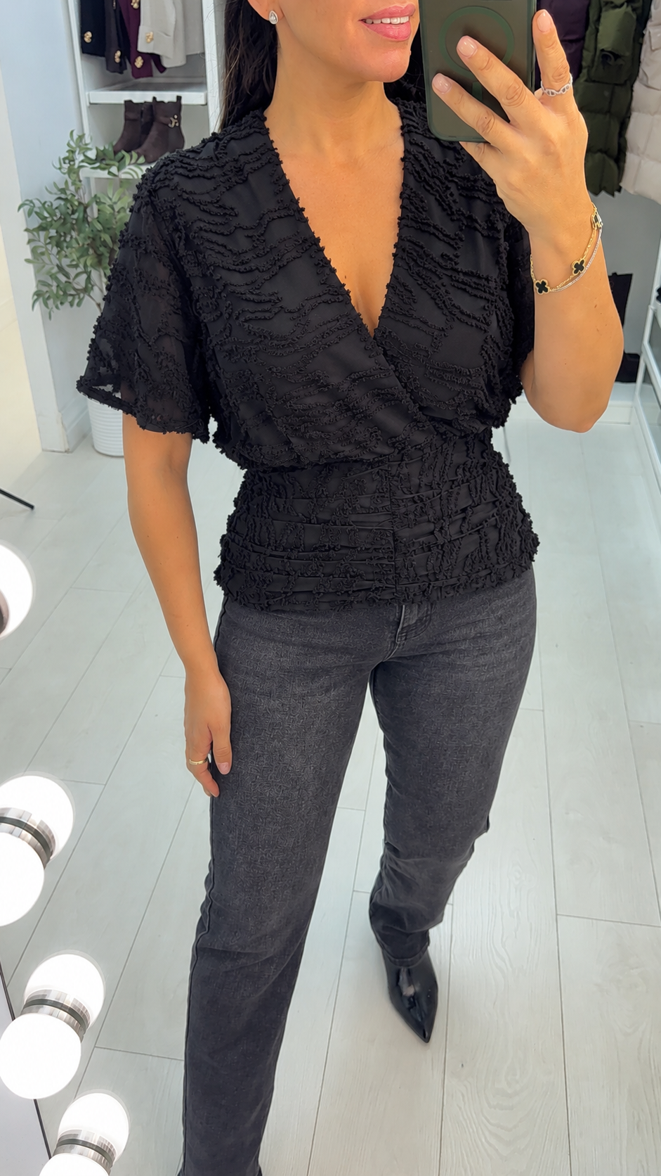 Wendie Textured Deep V Neck Short Sleeve Blouse