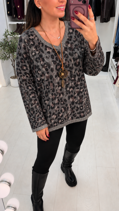 Kerys Leopard Print Lurex Detailed Necklace Jumper