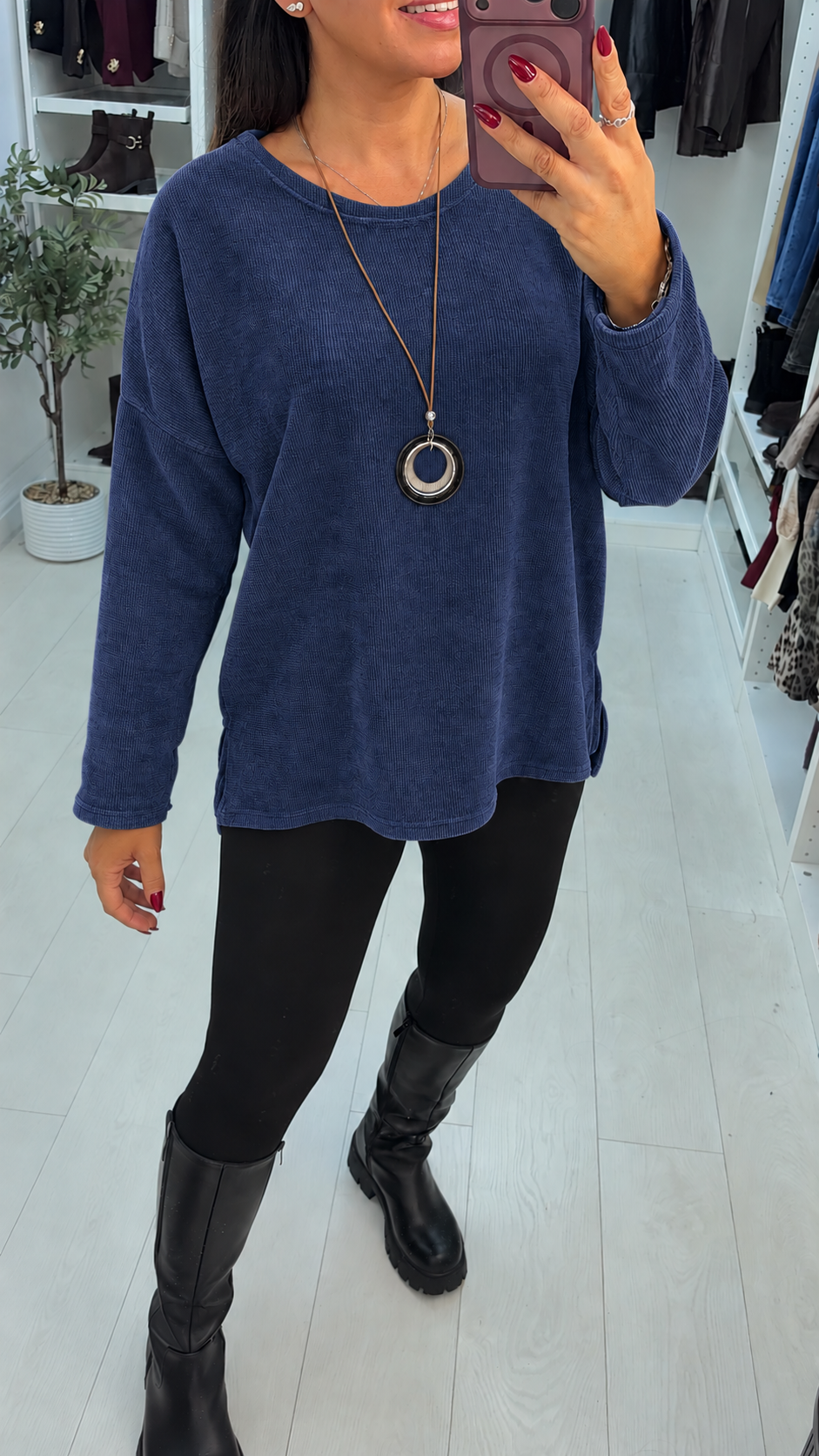 Julietta Plain Corduroy Loose Fit Necklace Top