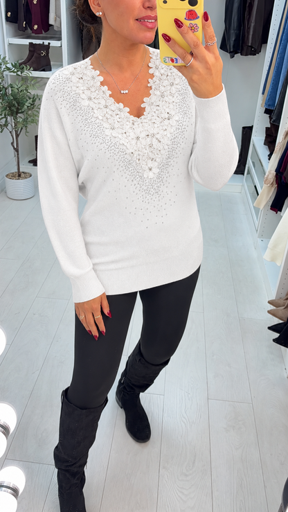 Taylia Embellished Floral V Neck Jumper