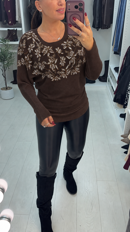 Fabel Floral Embellished Loose Fit Ribbed Jumper