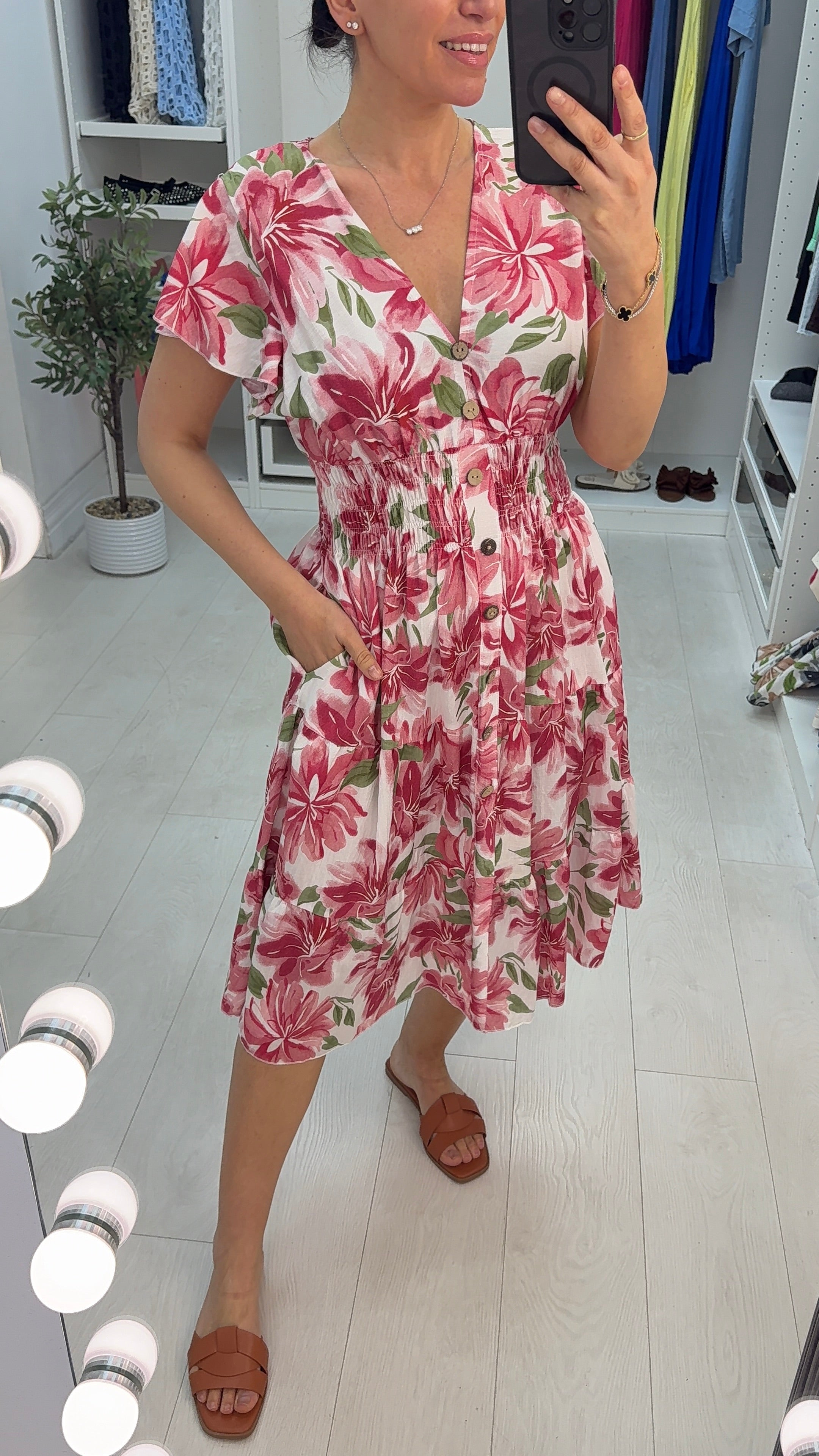 Briona Floral Print V Neck Shirred Waist Dress