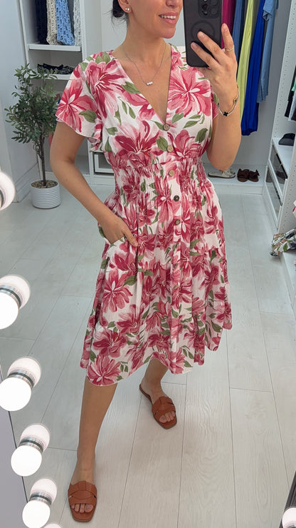 Briona Floral Print V Neck Shirred Waist Dress
