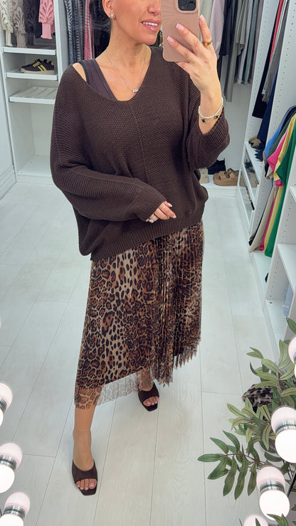 Daniela 2 Piece Knit Top & Pleated Leopard Print Chiffon Dress