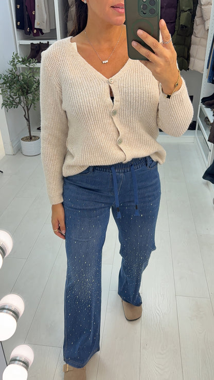 Ophira Embellished Drawstring Waist Denim Trousers