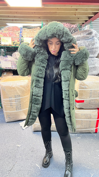 Klara Khaki Luxury Faux Fur Trim Hooded Coat