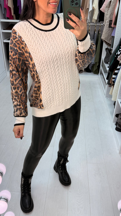 Blanca Sequin Leopard Detail Cable Knit Jumper