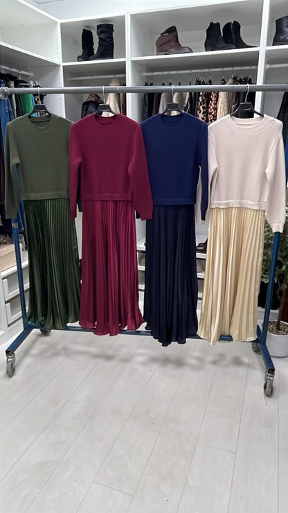 Elise Plain 2-In-1 Knitted Top Silk Pleated Dress