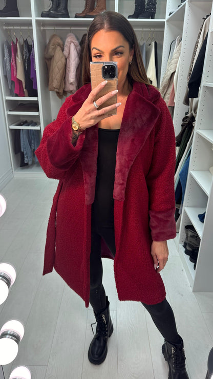 Pamy Boucle Faux Fur Detail Belted Coat