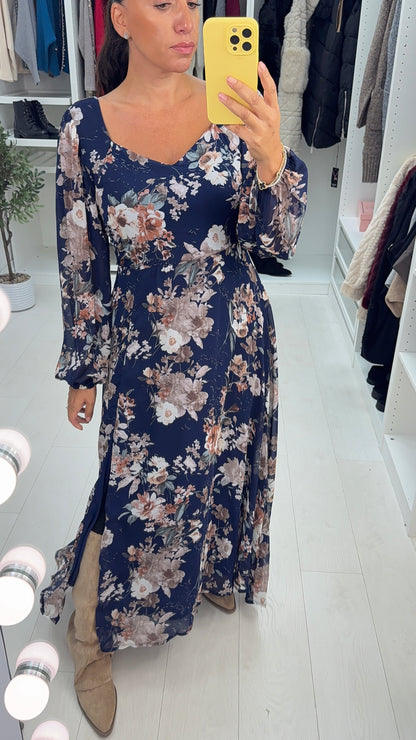 Fawcett Navy Floral Print Floaty Maxi Dress