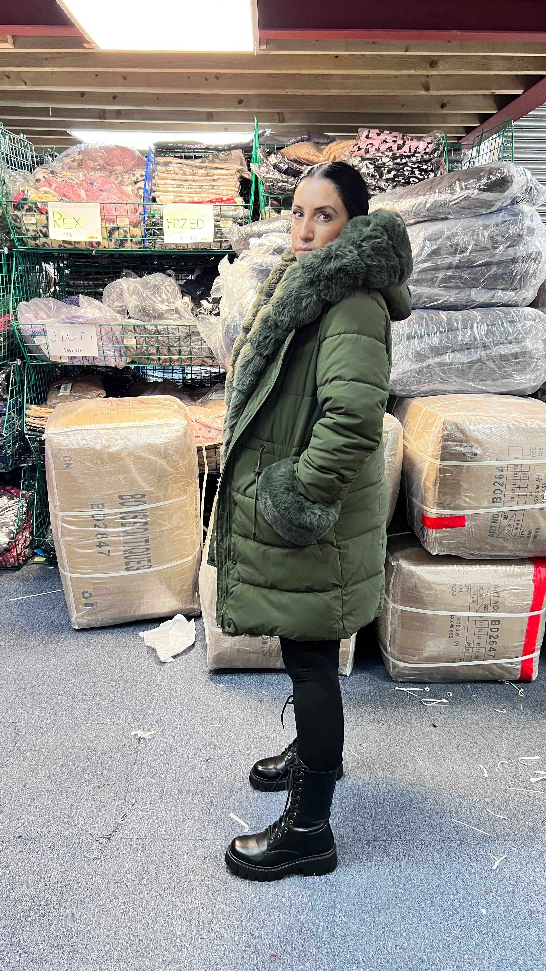 Klara Khaki Luxury Faux Fur Trim Hooded Coat