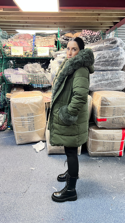 Klara Khaki Luxury Faux Fur Trim Hooded Coat