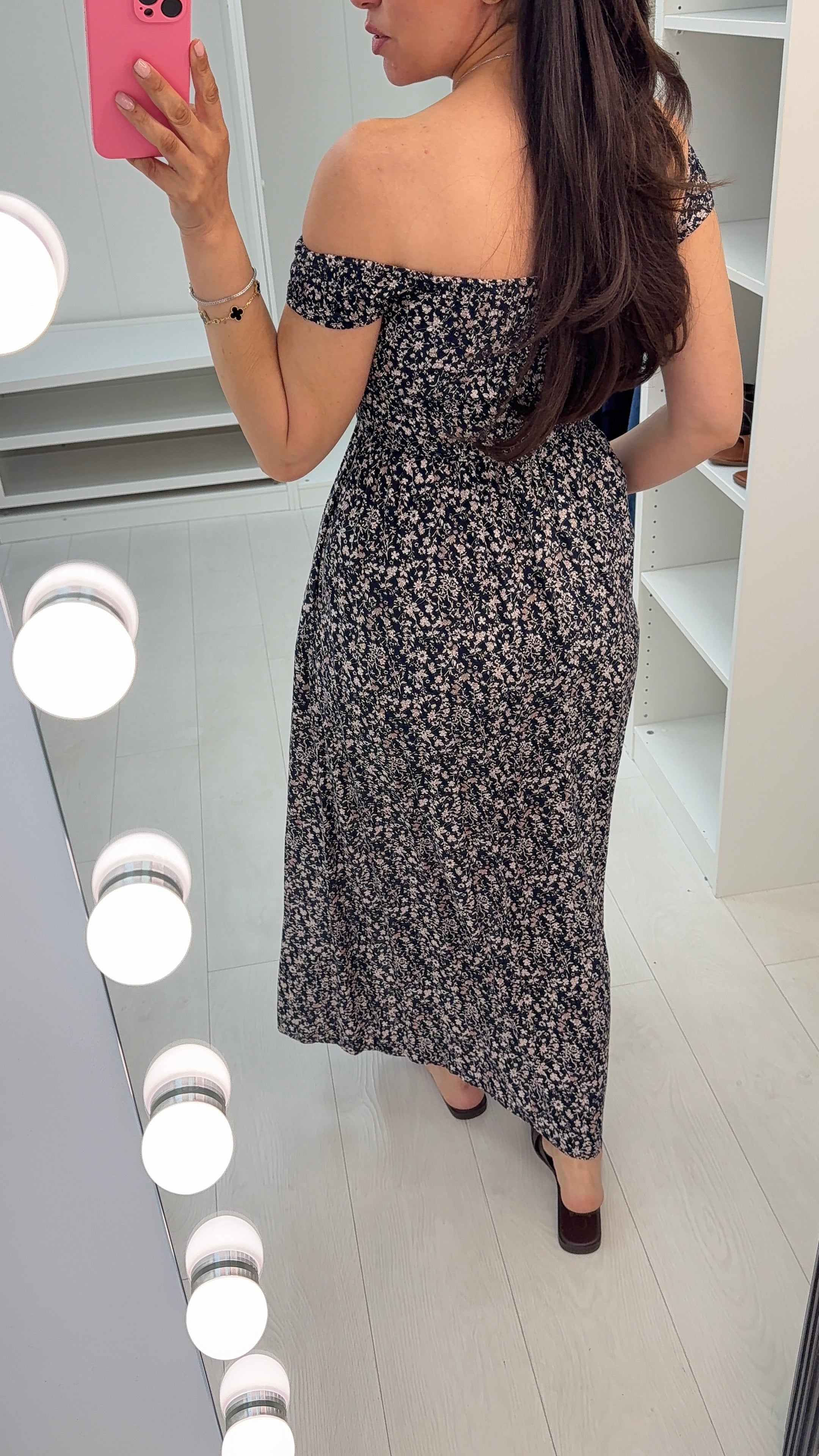 Leonn Navy Floral Bardot Split Maxi Dress