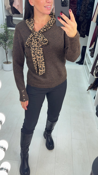Emilee Plain Leopard Print Pussybow Jumper