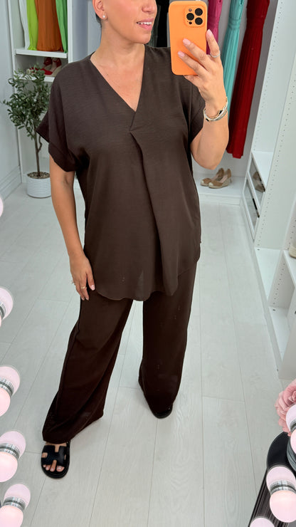 Latisha Plain V Neck Loose Fit Crepe Co-Ord Set