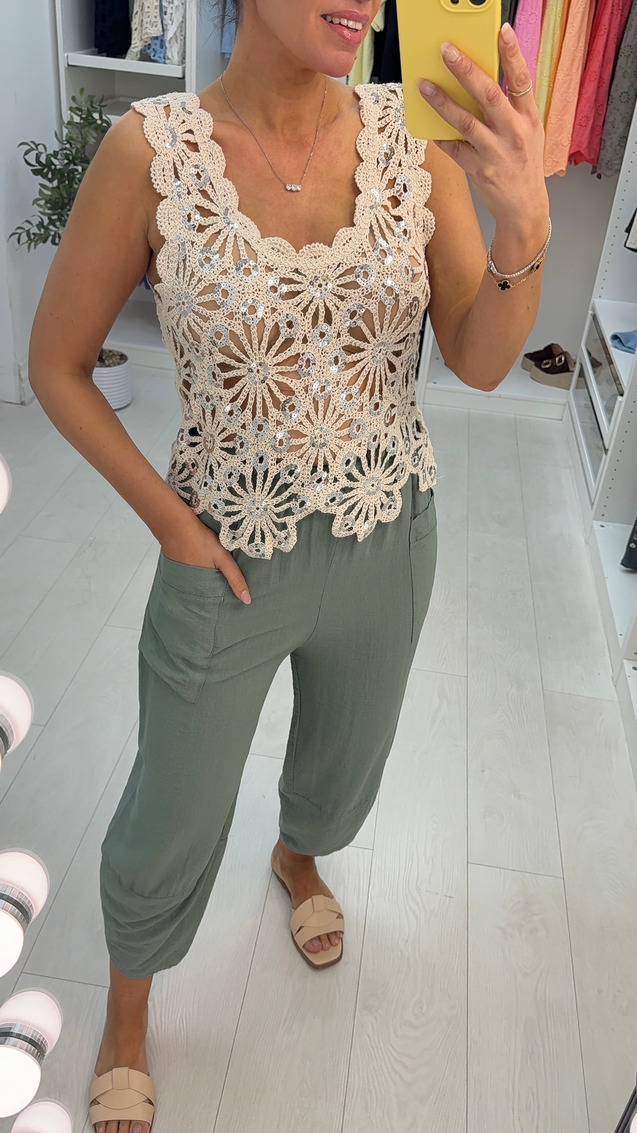 Savilla Sequin Embellished Crochet Sleeveless Top