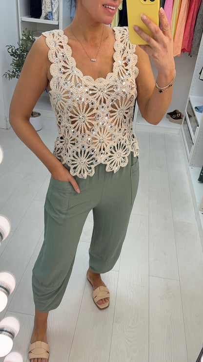 Savilla Sequin Embellished Crochet Sleeveless Top