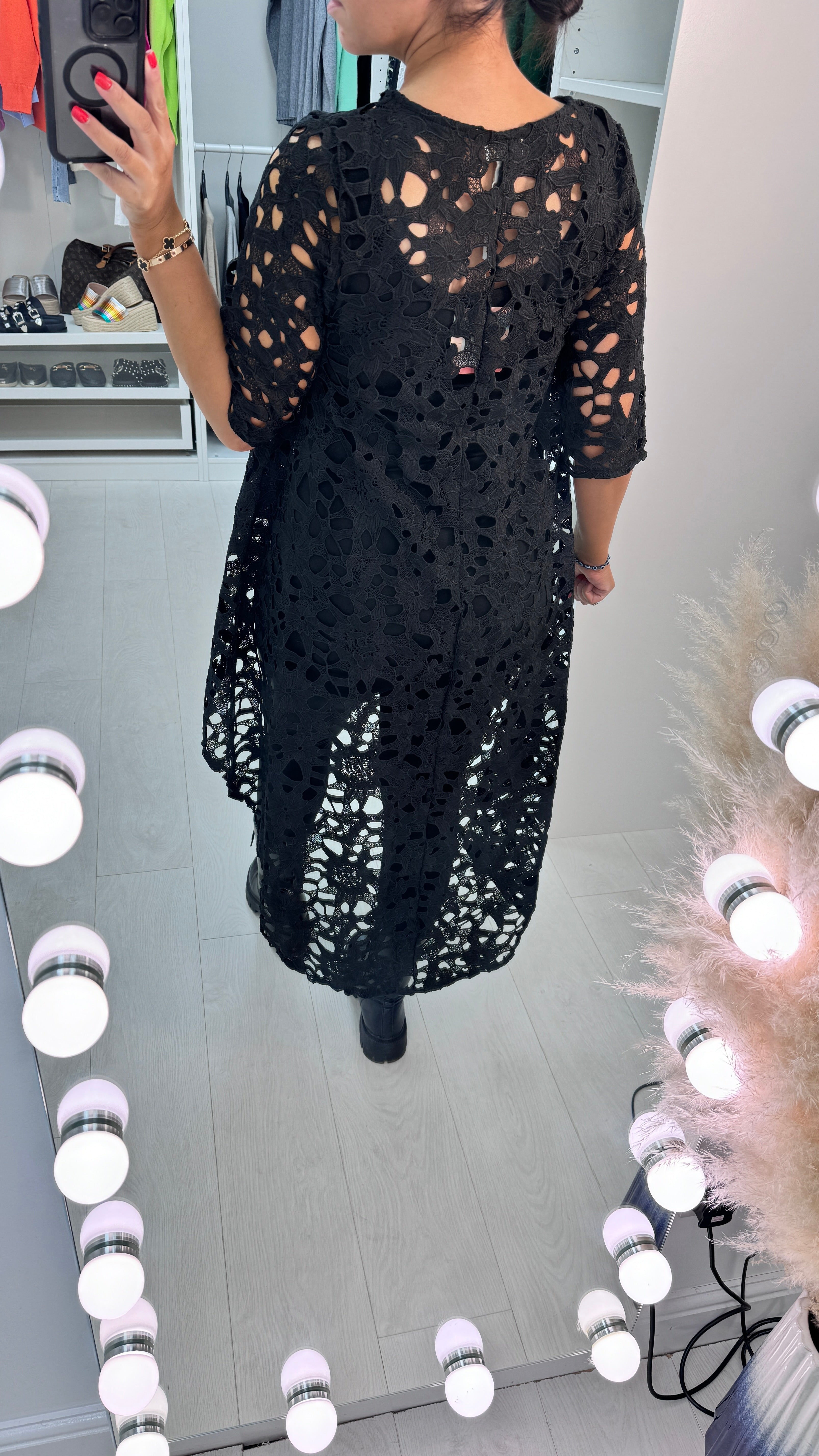 Solana Black Crochet Dipped Hem Top